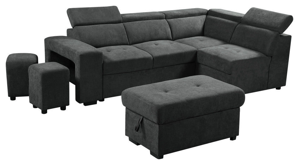 Henrik Dark Gray Sleeper Sectional Sofa With Storage Ottoman and 2 Stools