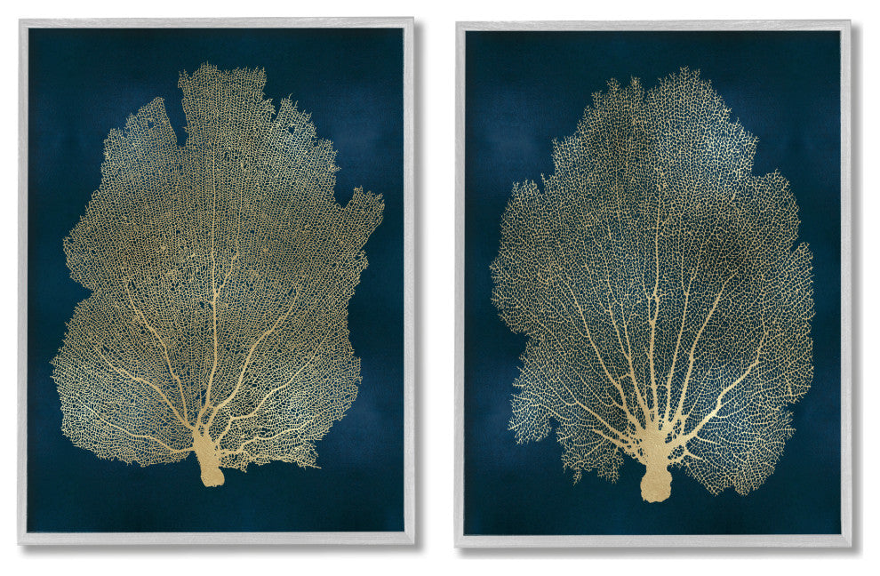 Modern Sea Fan Composition Blue Gold Ocean Plant,2pc, each 16 x 20