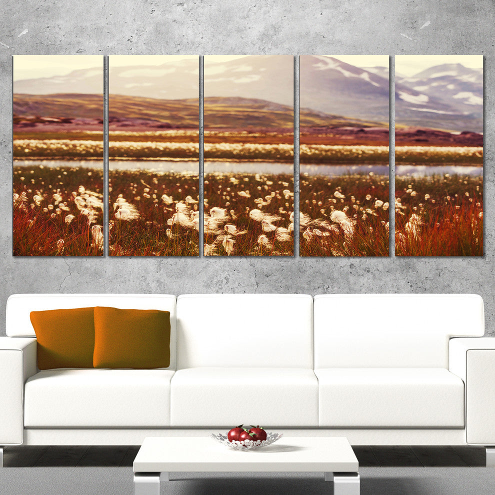 Cotton Flowers with Hills on Background, Floral Canvas Print, 60"x28", 5 Panels