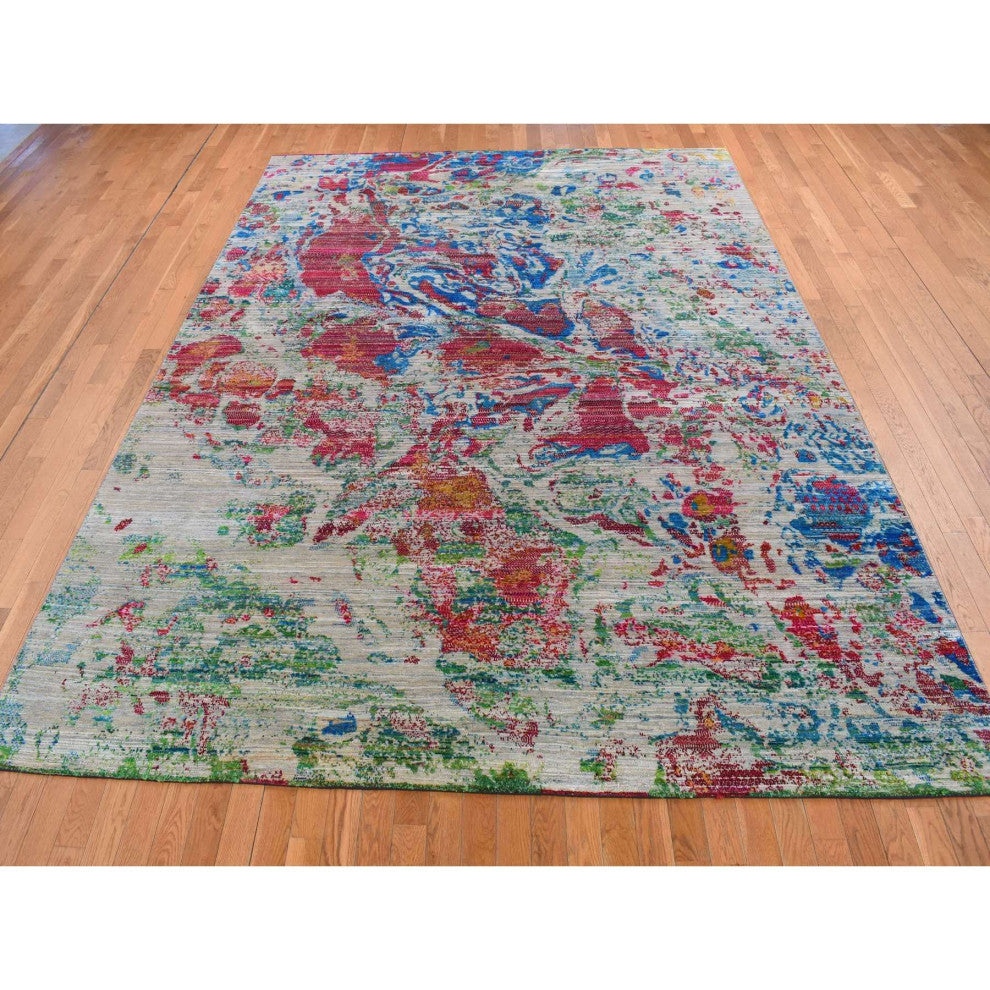 Cinereous Gray, Abstract Design, Silk With Wool, Hand Knotted Rug, 8'10"x12'2"