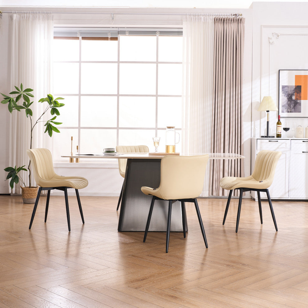 Younike Dining Chair Set of 2, Liner Pattern Faux Leather, Beige