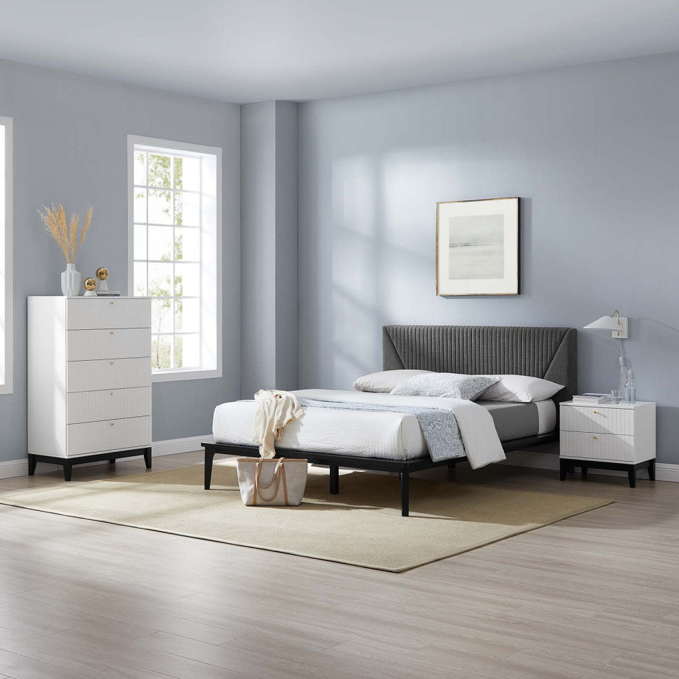Platform Bed Dresser Chest Nightstand Set, Queen, White, Wood, Modern