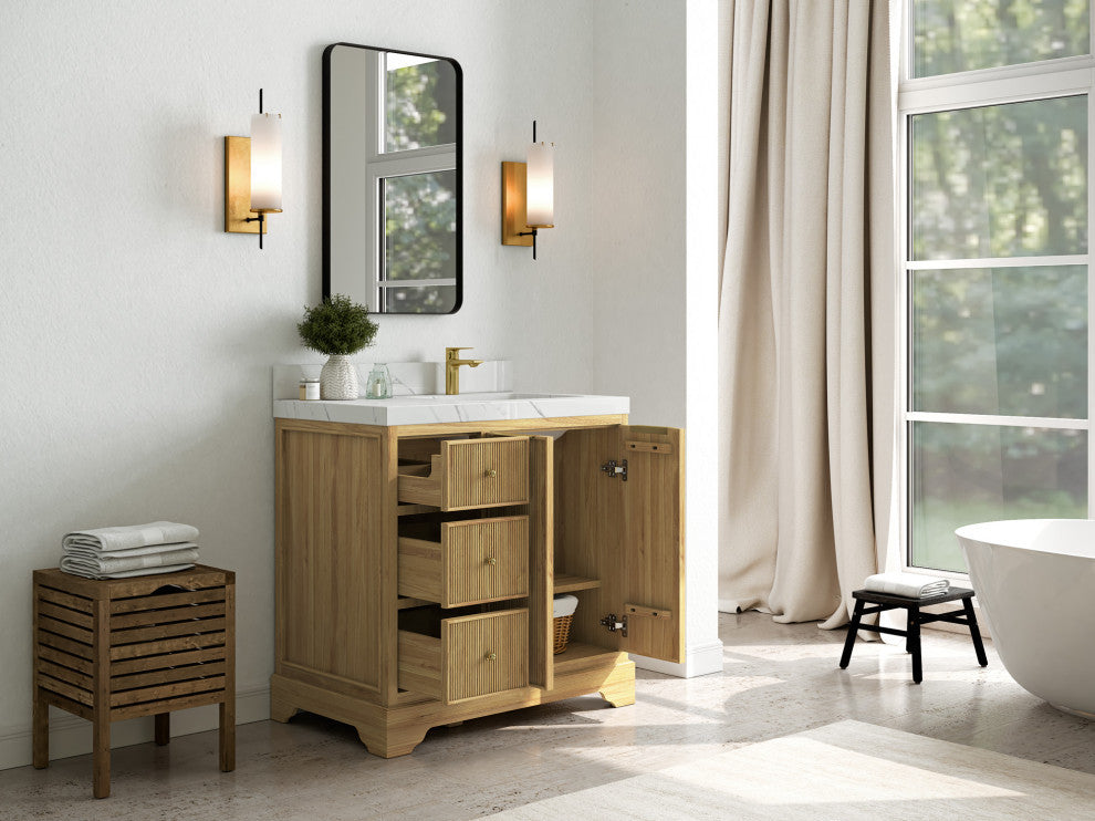Austin 36 Right Offset Bath Vanity in Light Natural Teak 2" Empira Quartz