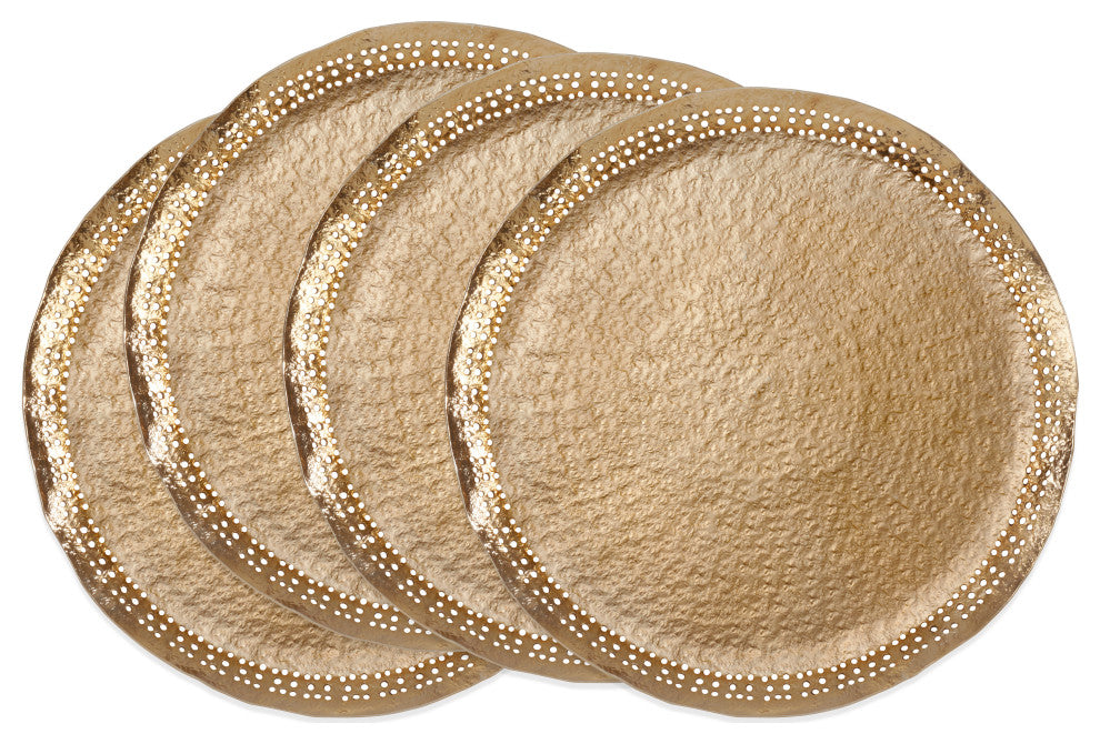 Metal Charger Plates With Hole Punched Design, Set of 4, 14"x14", Gold