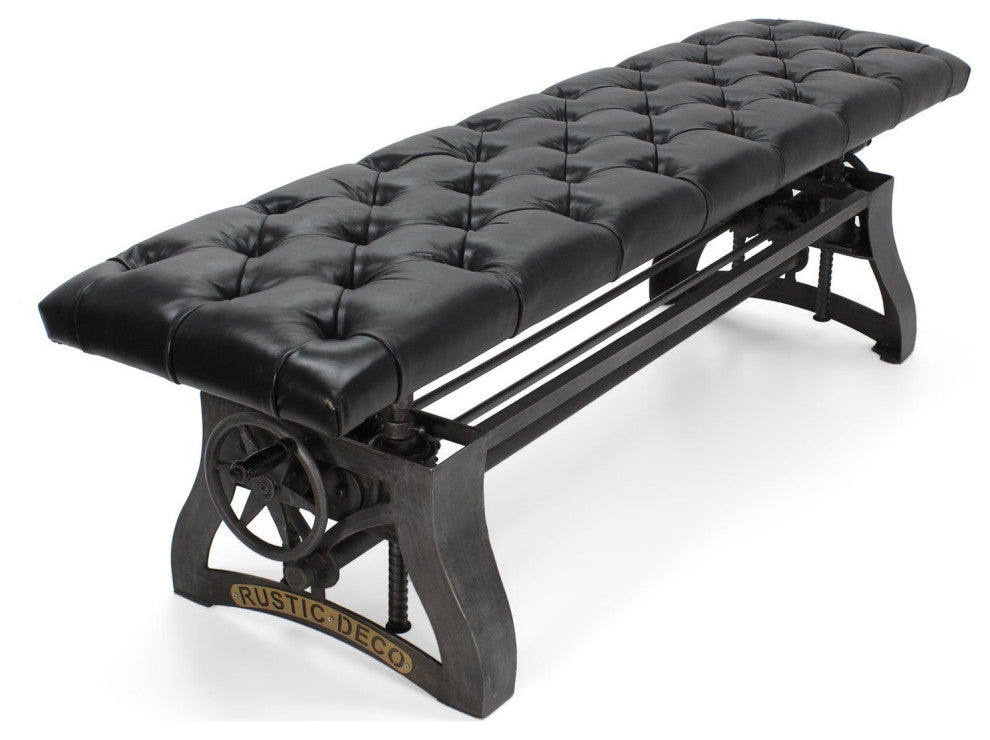Crescent Industrial Dining Bench - Adjustable Iron Base - Black Leather Seat