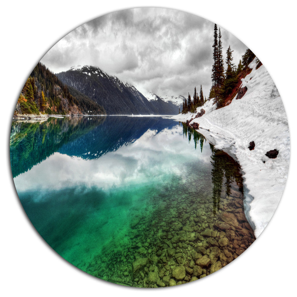 Clear Lake Pine Trees And Mountains, Landscape Disc Metal Wall Art, 11"