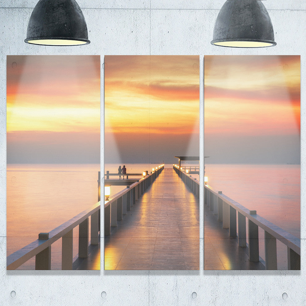 "Yellowish Sky and Long Wooden Bridge" Metal Wall Art, 3 Panels, 36"x28"