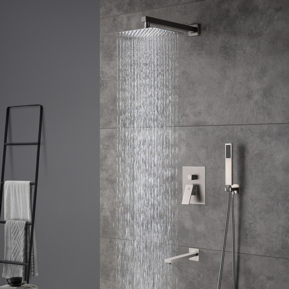 CASAINC 10" Wall Mounted Luxury Dual Rainfall Shower System Kit w Bathtub Spout, Brushed Nickel