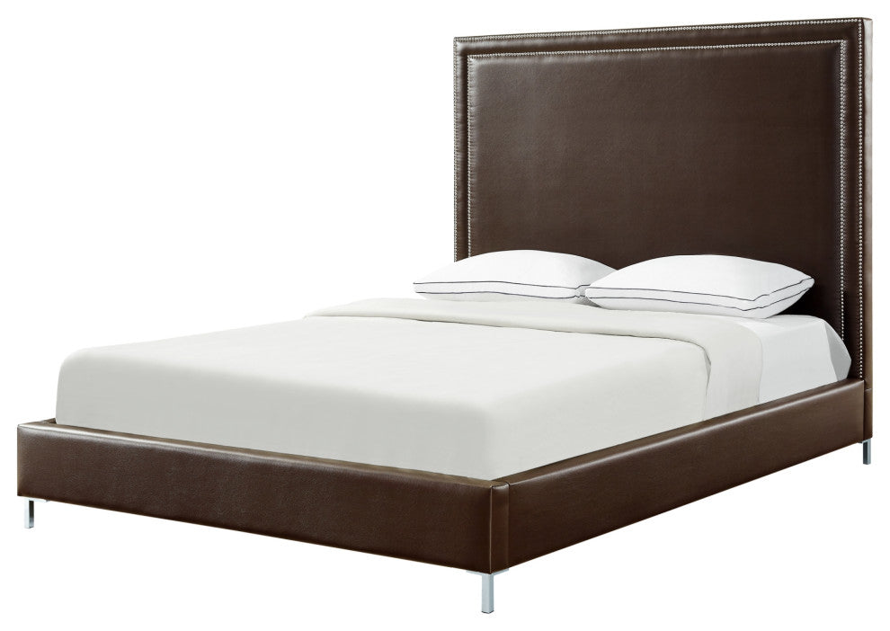 Giovanna Nailhead Trim Platform Bed, Espresso Leather Pu, King