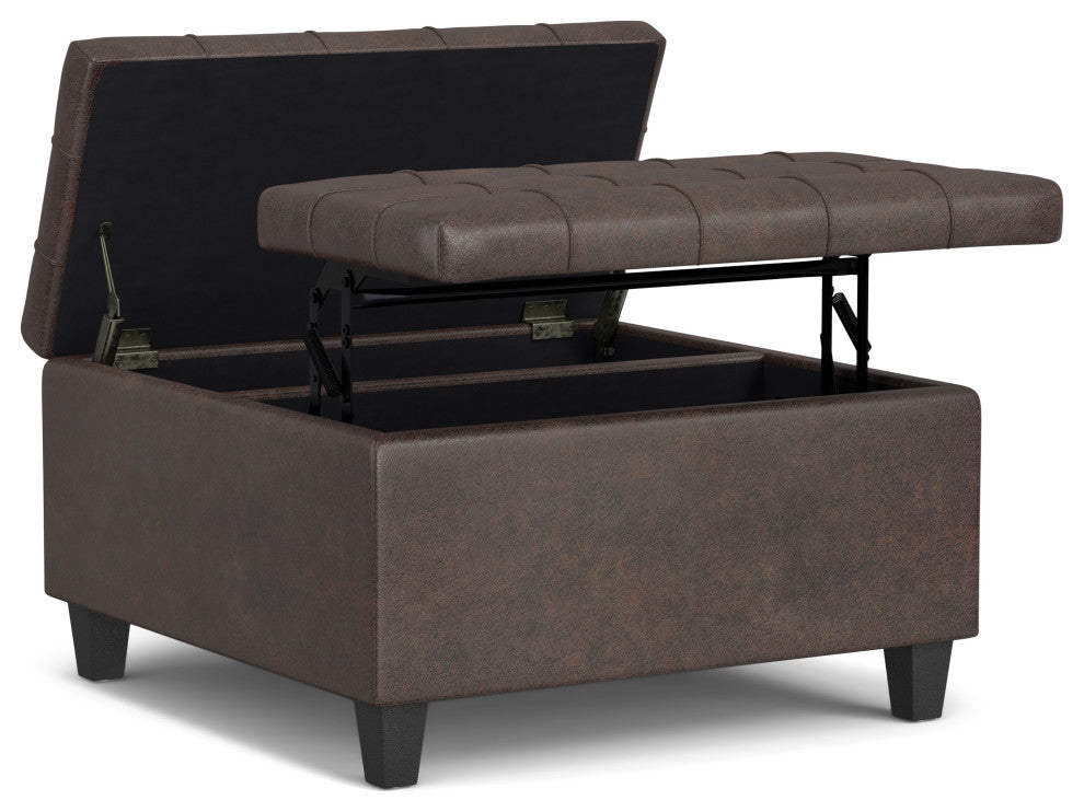 Harrison Small Square Coffee Table Storage Ottoman, Distressed Brown