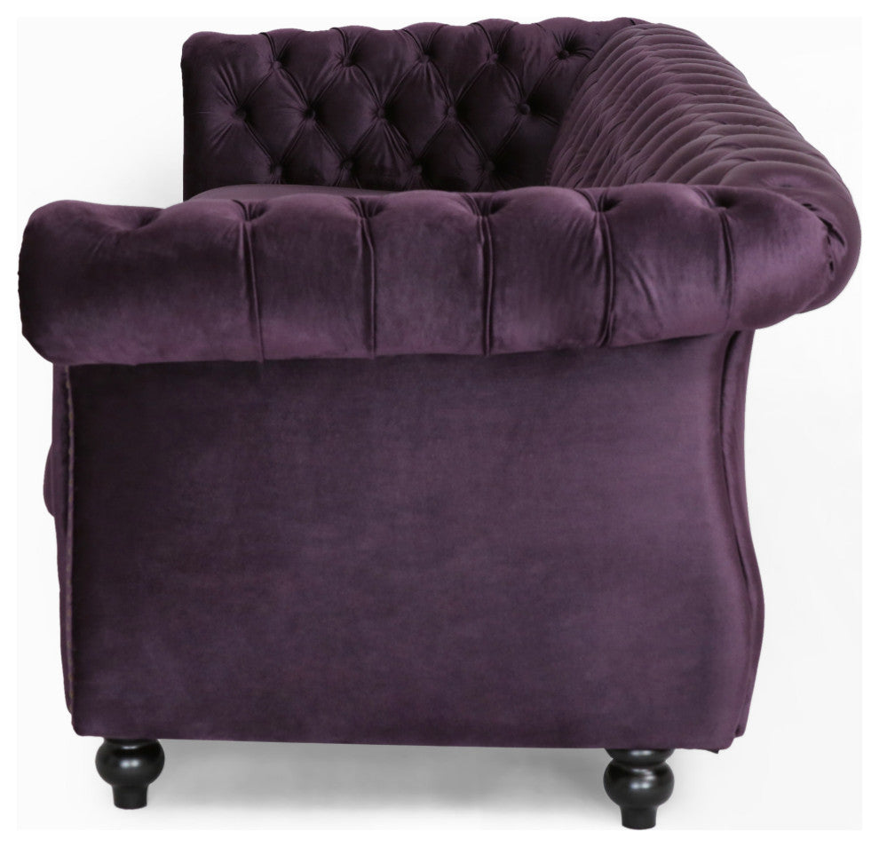 GDF Studio Vita Chesterfield Tufted Jewel Toned Velvet Sofa With Scroll Arms, Blackberry