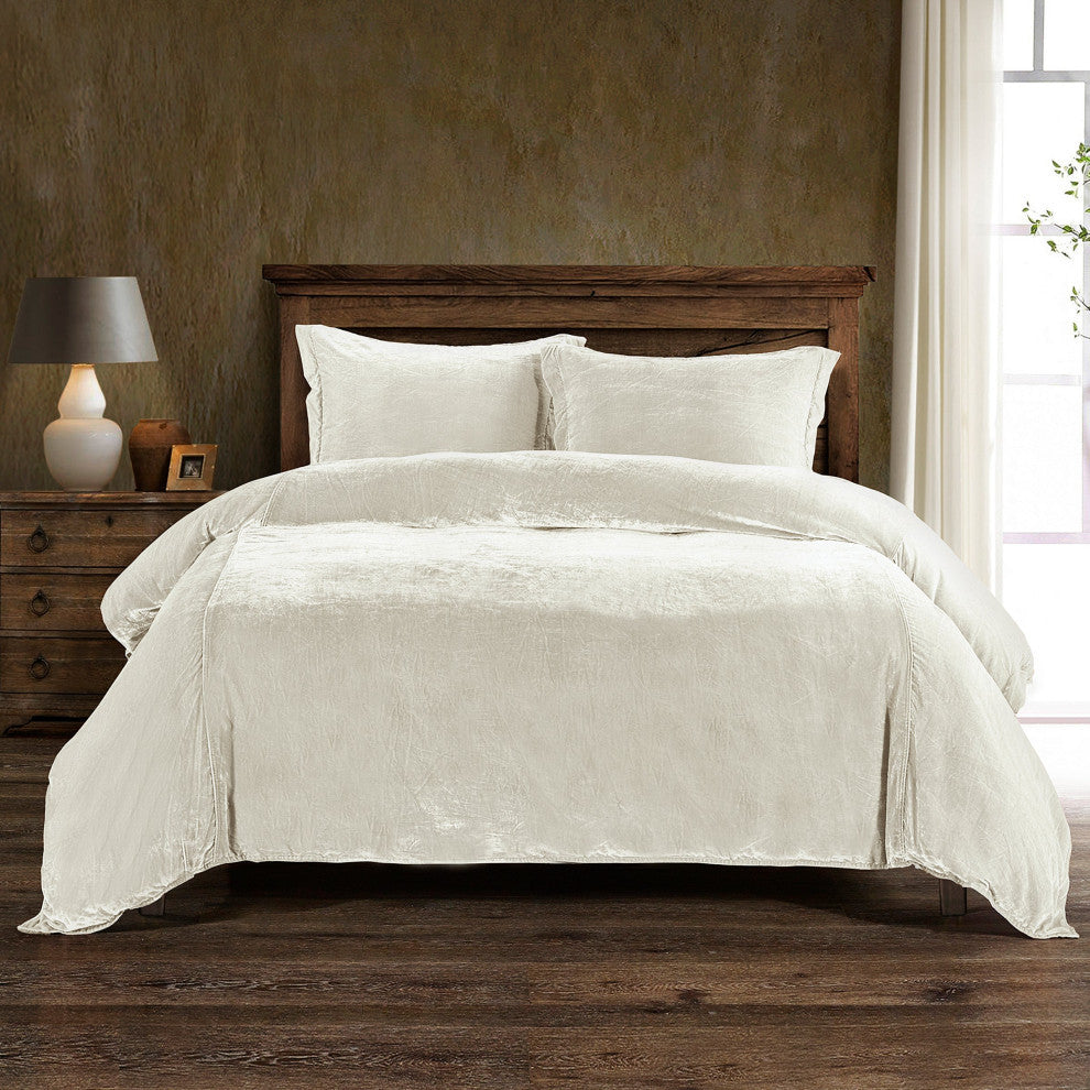 Stella Faux Silk Velvet Duvet Cover Set, 3PC, Stone, Queen