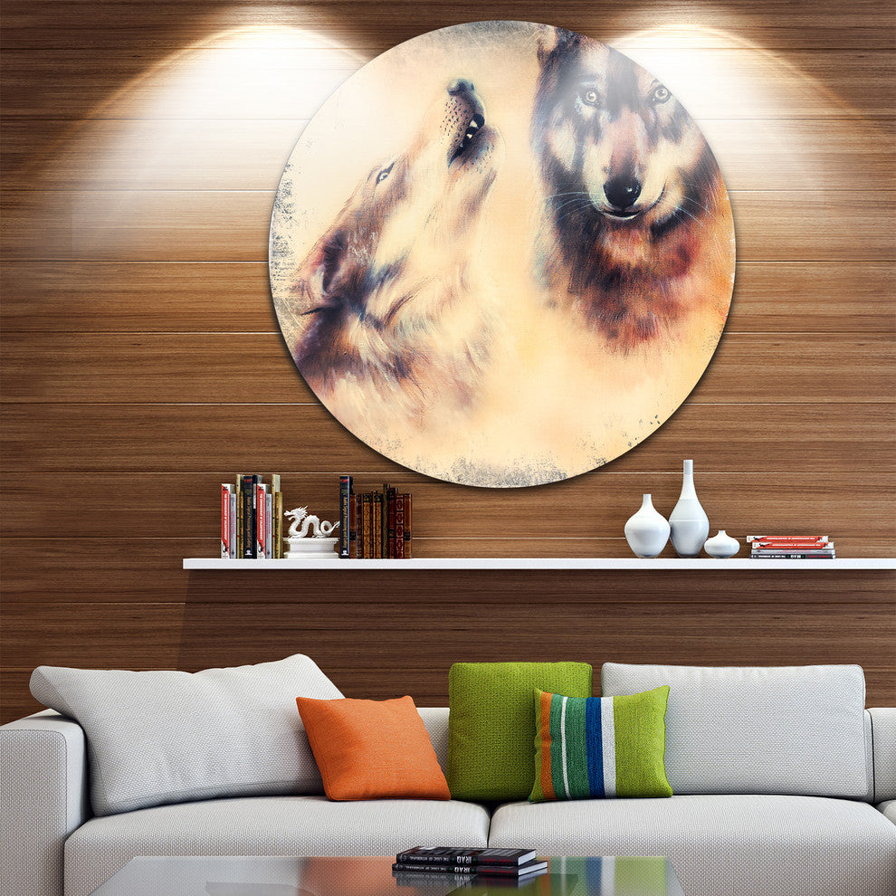 Howling Wolf, Digital Art Animal Round Metal Wall Art, 11"