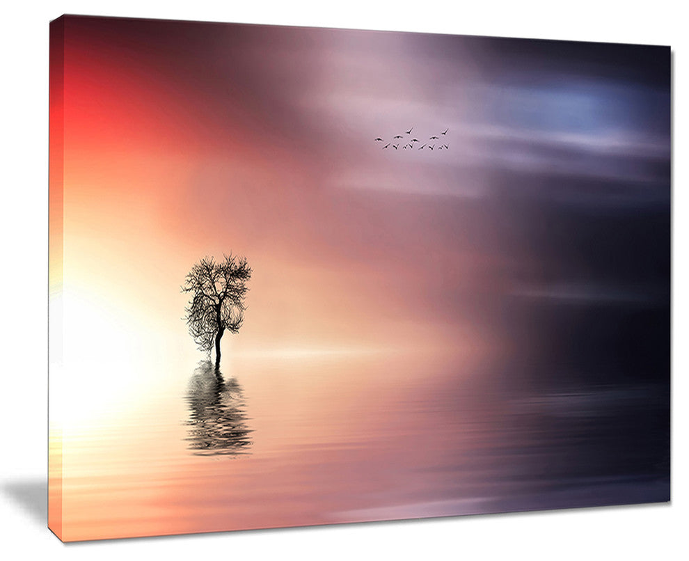 "Lonely Tree And Birds Panorama" Extra Large Wall Art Landscape, 40"x30"
