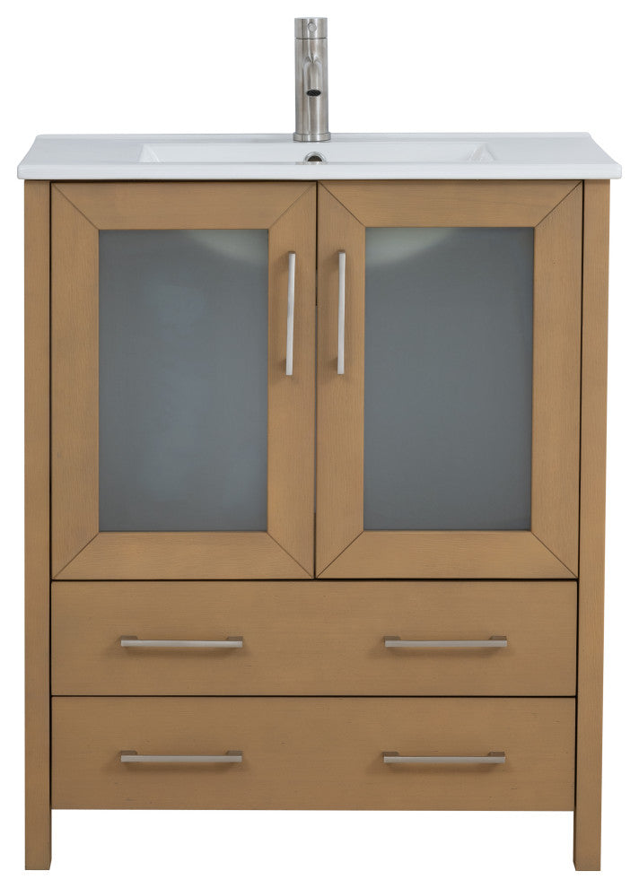 Vanity Art Single Vanity Set With Ceramic Top, 30", Natural Oak, Standard Mirror