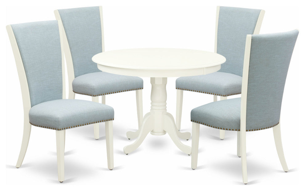 A Dining Set Of 4 Parson Chairs, Baby Blue Color, Mid-Century Table, Linen White