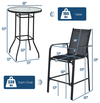 Costway 3 PCS Outdoor Patio Bar Table Stool Set Height Tempered Glass Top