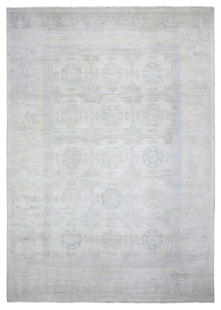 Silver Chalice White Wash Peshawar Mahal Design Wool Hand Knotted Rug 10'x14'4"