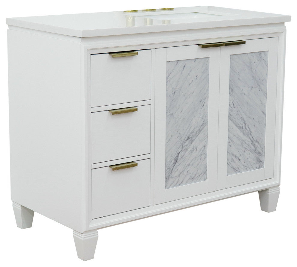 43" Single Vanity, White Finish With White Engineered Stone Top