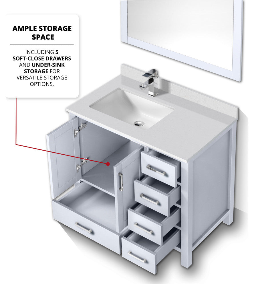 Jacques 36" Bath Vanity, White, Vanity & Quartz Top, Left Sink