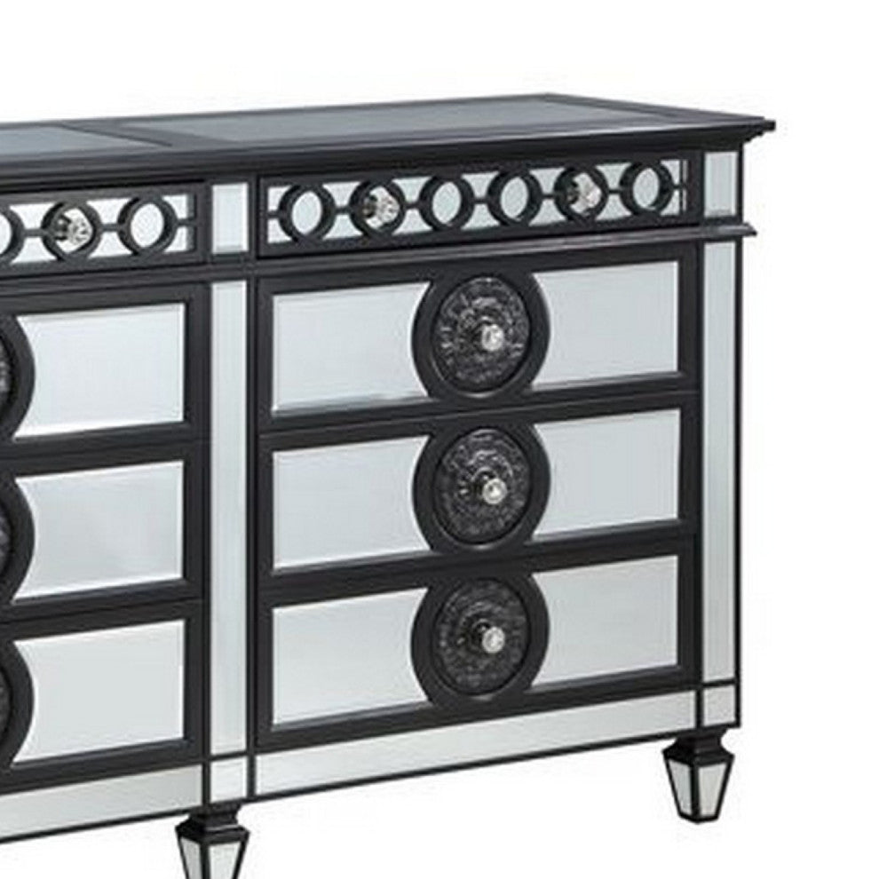Benzara BM275057 8 Drawer Dresser With Mirror Trim & Sunburst, Black/Silver