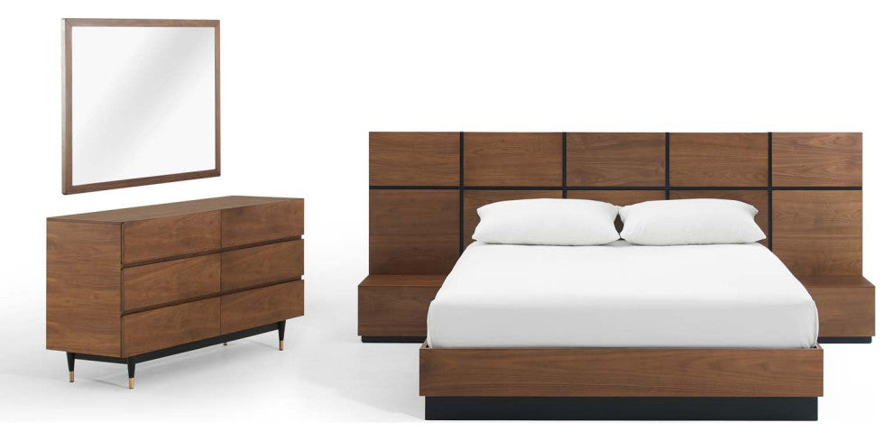 Queen Bed Dresser Chest Nightstand Set, Wood, Brown Walnut, Modern Room