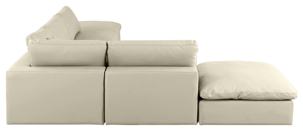 Comfy Upholstered L-Shaped Modular Sectional, Cream, 6-Piece: 3 Armless Chair, 1 Corner Chair, 2 Ottoman, Vegan Leather