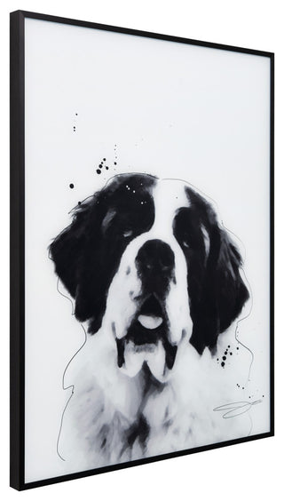 "Saint Bernard" Black and White Pet Art on Printed Glass with Anodized Frame
