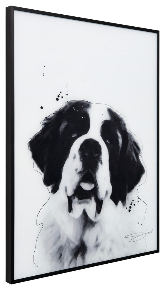 "Saint Bernard" Black and White Pet Art on Printed Glass with Anodized Frame