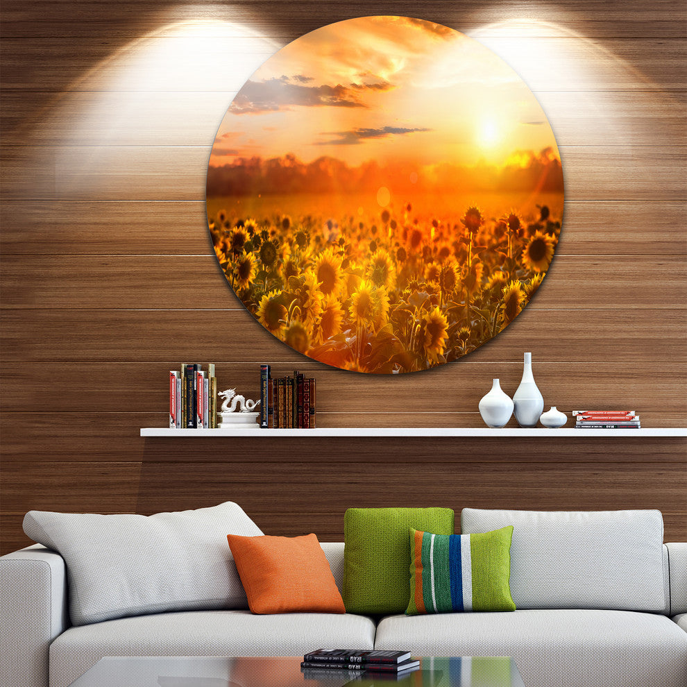 Yellow Sunset Over Sunflowers, Floral Photography Round Wall Art, 11"
