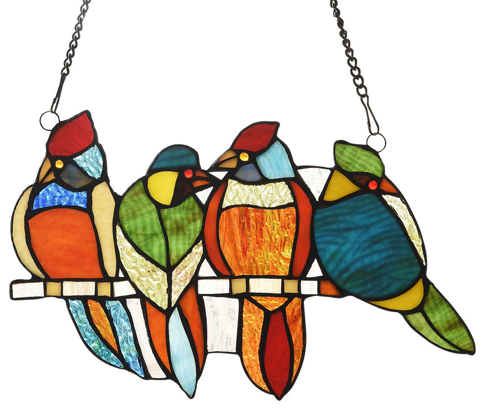 Chloe Lighting Cardinal Family Tiffany-Style Animal Design Window Panel 14"x9"