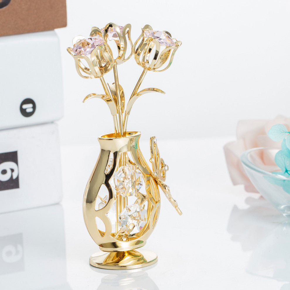 Matashi 24K Gold Plated Flower Ornament in Vase w Crystals Decorative Butterfly