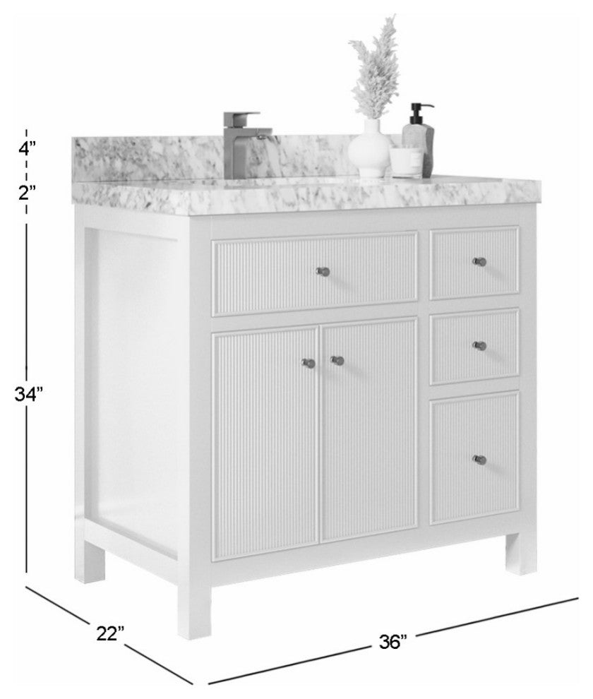 Sonoma 36 Left Offset Reeded Bath Vanity in Dark Forest Green 2" White Quartz