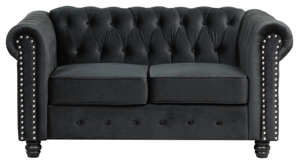 UFE Velvet Living Room 3 Set Sofa Loveseat Chair Black, Sofa, Loveseat, Chair