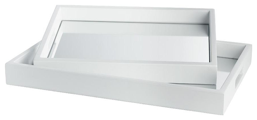 Modern Elegant White Wood Serving Trays Set 2 Mirror Bottom Sleek Minimalist