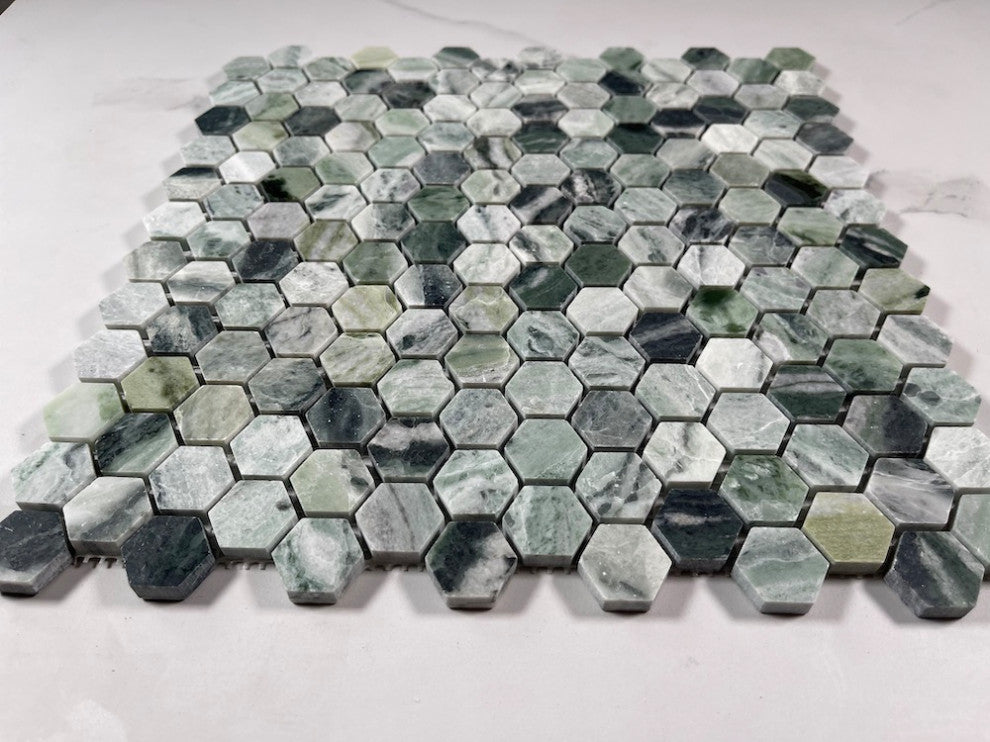 Sagano Vibrant Green Marble 1 inch Hexagon Mosaic Tile Honed, 1 sheet