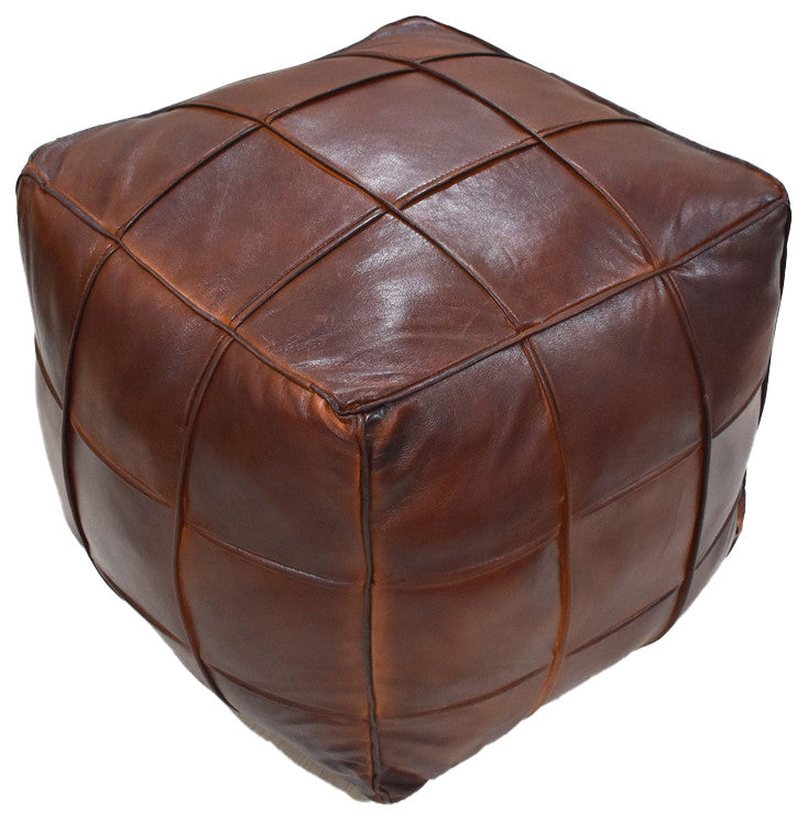 Pouf-Solid Handmade Leather Pouf (Recycled Foam with Fiber Fill), Brown, Square, 16x16x16