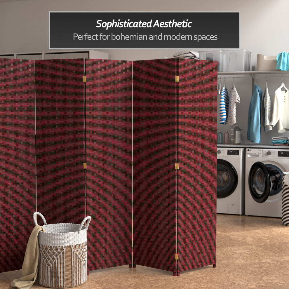 6' Tall Woven Fiber Room Divider, 5 Panel, Red/Black