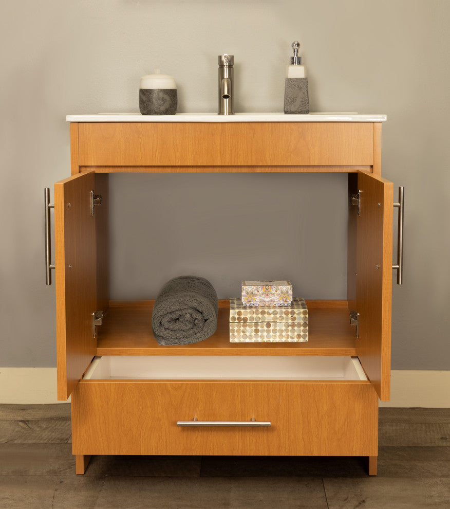 Pacific 30" Vanity With Integrated Ceramic Top and Brushed Nickel Handles, Honey