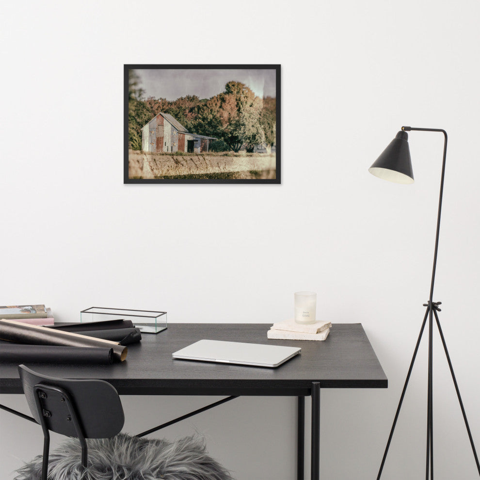 Patriotic Weathered Barn in Field Glass Plate Framed Photo Paper Wall Art Prints, Black, 18" X 24"