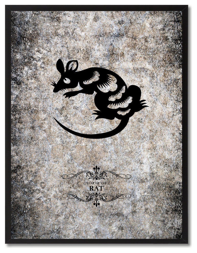 Rat Chinese Zodiac Black Print on Canvas with Picture Frame, 13"x17"