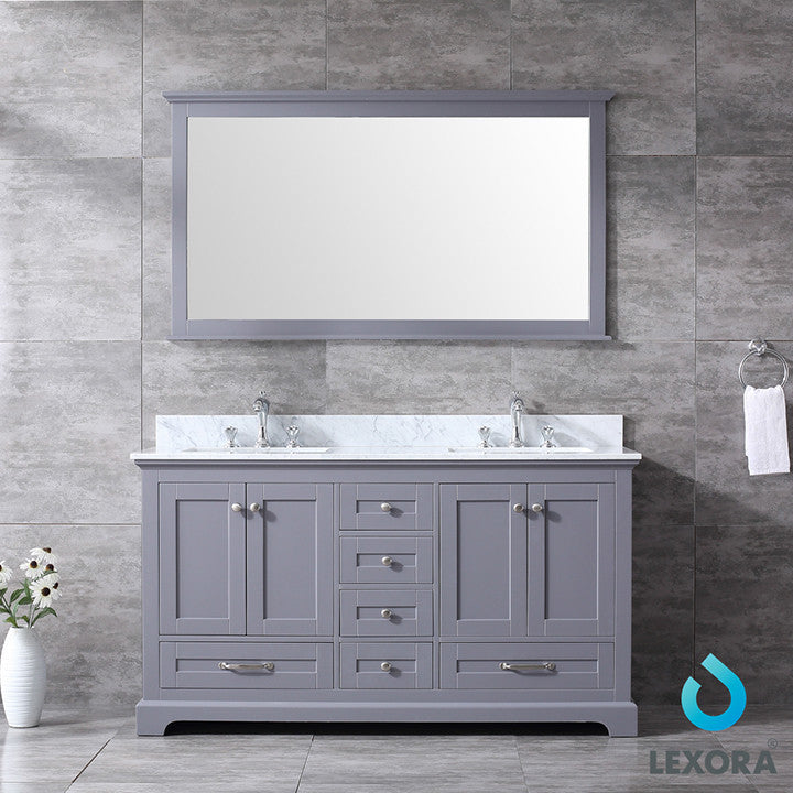 Dukes 60" Vanity, Wht Carrara Marble Top & 58" Mirror w/ Faucets, Dark Grey