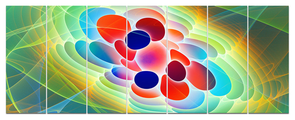 Red Blue Fractal Virus Design, Abstract Art on Canvas, 83"x32", 7 Panels