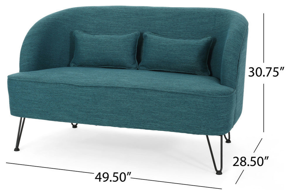 Jordan Modern Fabric Loveseat With Hairpin Legs, Teal