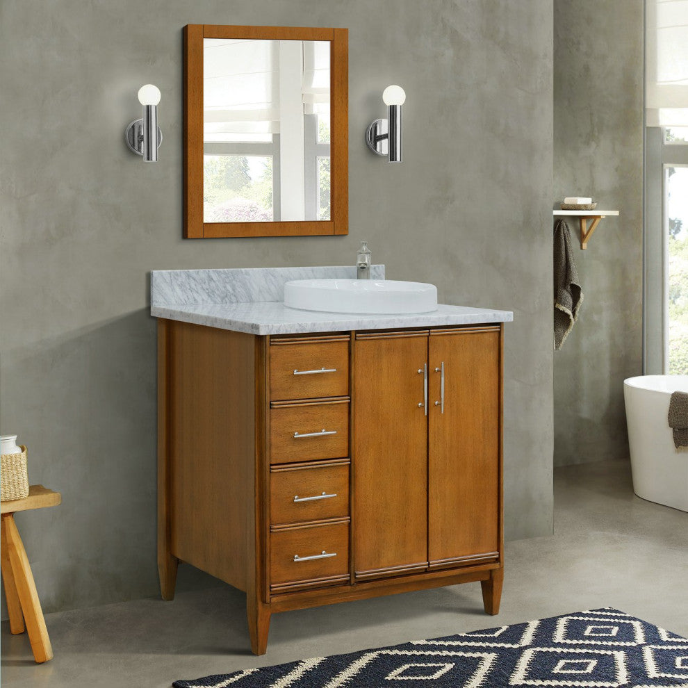 37" Single Vanity, Walnut Finish With White Carrara