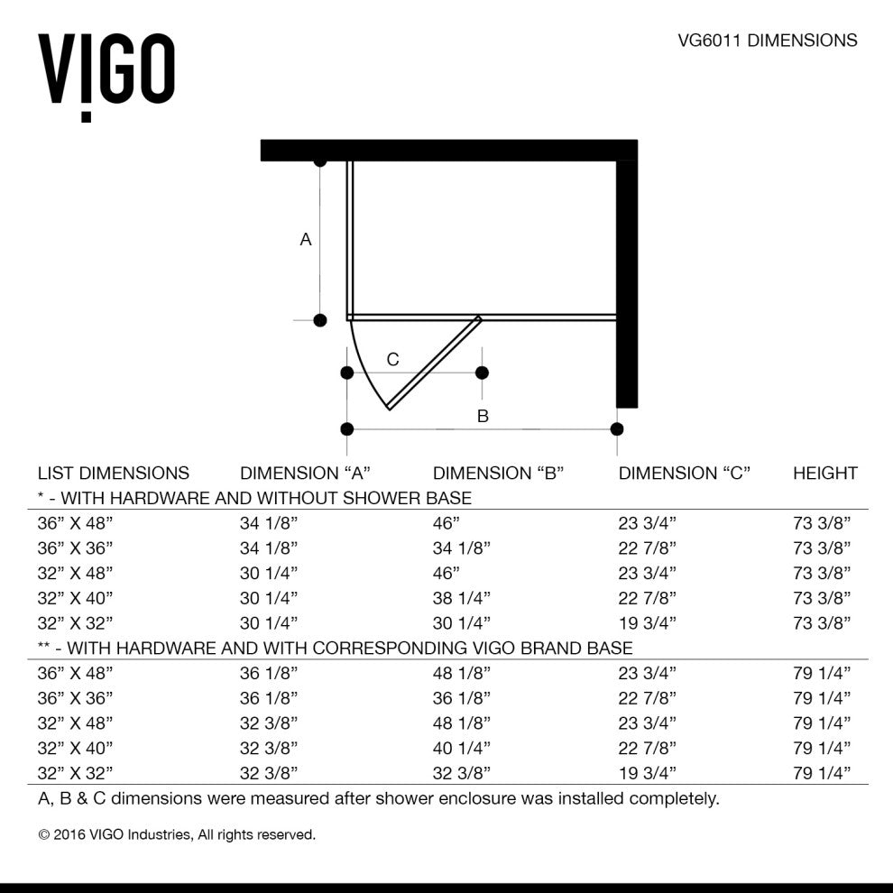 VIGO Monteray 34"D x 34"W x 73"H Frameless Hinged Shower Enclosure, Chrome, Without Base