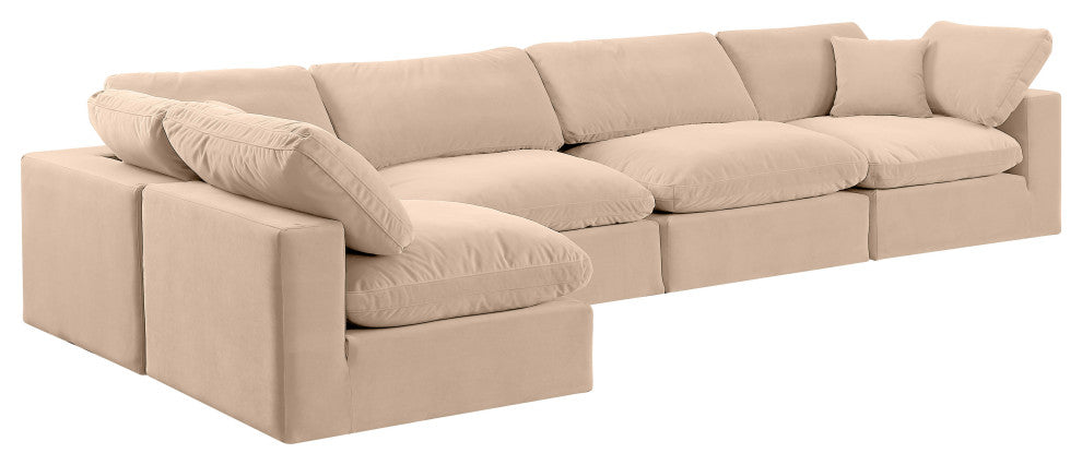 Comfy Upholstered L-Shaped Modular Sectional, Beige, 5-Piece: 3 Armless Chair, 2 Corner Chair, Velvet