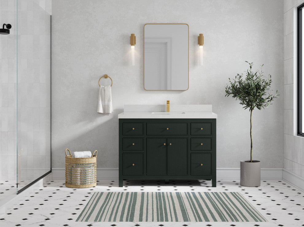 Sonoma 48 Single Sink Reeded Bath Vanity in Dark Forest Green 2" Carrara Quartz