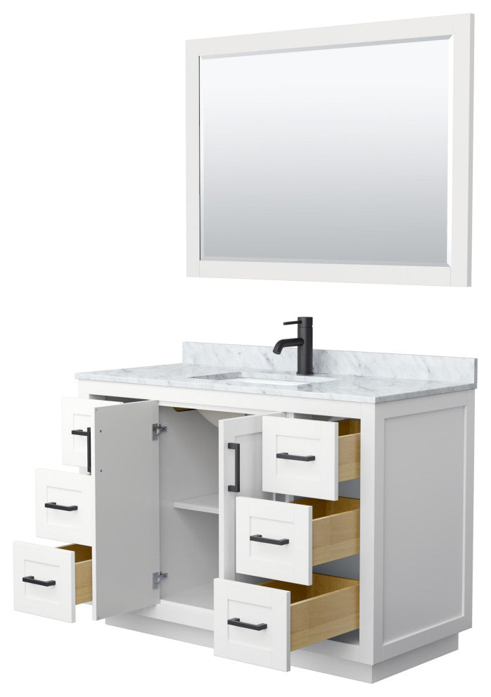 48"SGL Bathroom Vanity White, Carrara Countertop, Sink, Black Trim, 46" Mirror