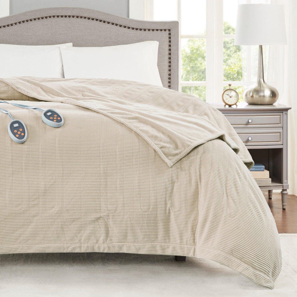 Beautyrest Knitted Micro Fleece Solid Textured Heated Blanket, Beige, Queen